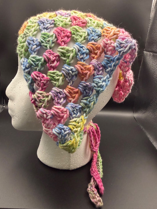 Hand crocheted head scarf made from cotton yarn.