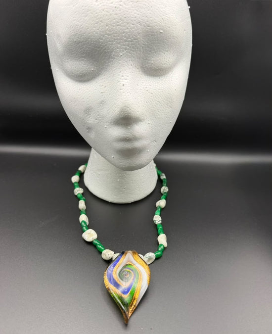 Hand made necklace green and white with swirled medallion