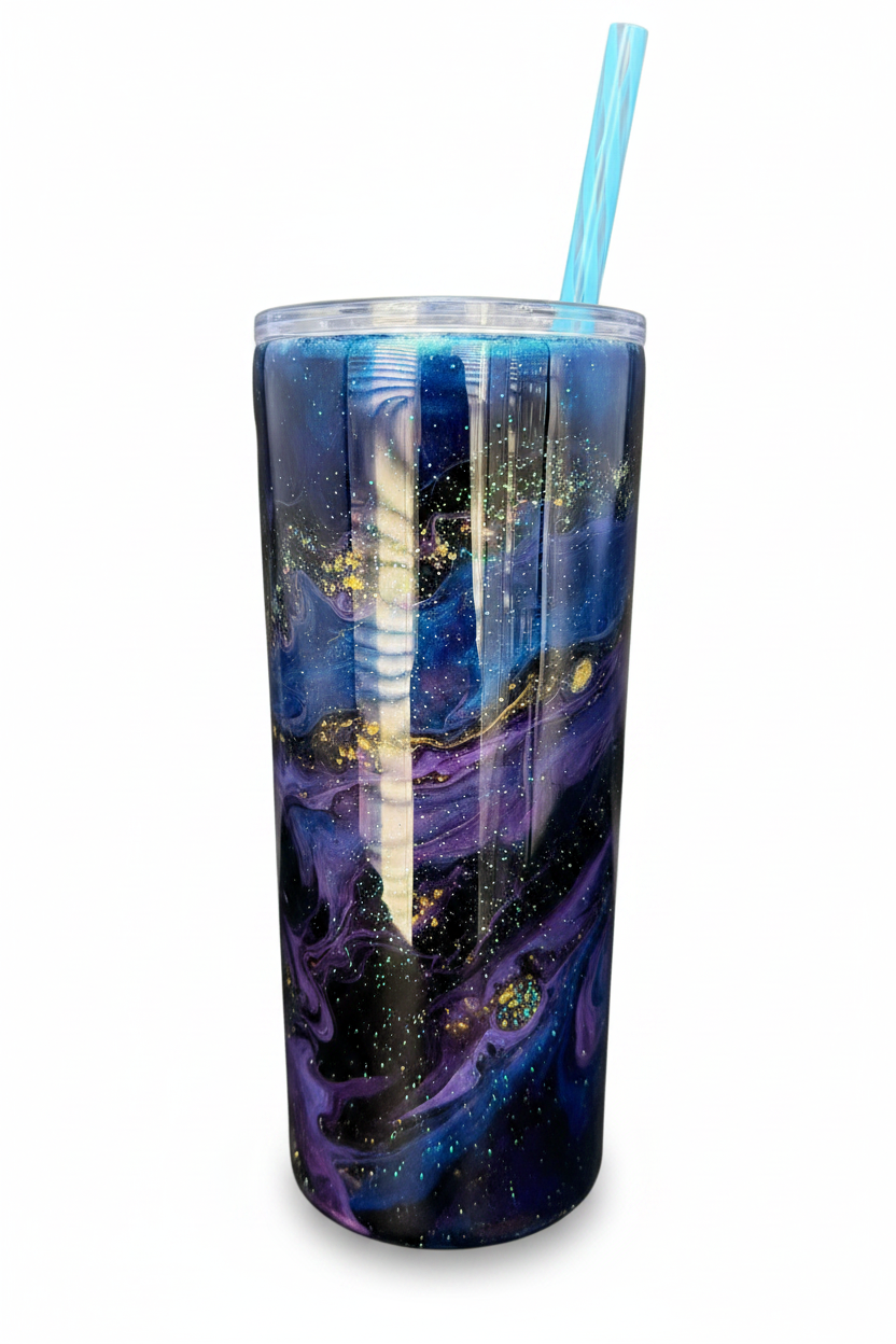 Stainless steel resin tumbler with blue, black, gold, green and purple colors. Hand wash. Not dishwasher or microwave safe