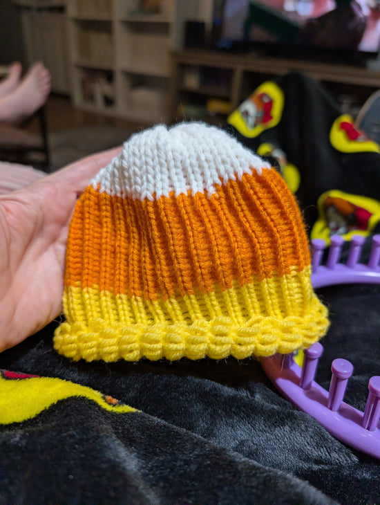 Crocheted infant candy corn beanie