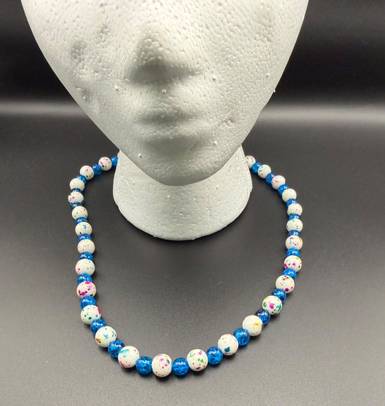 Hand made glass bead necklace. Blue and white.