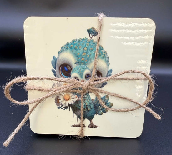 Set of colorful custom coasters on a wooden table