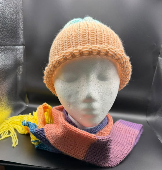 Hand crocheted beanie and matching scarf set. One set available